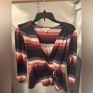 Monteau Women’s Long Sleeve Striped Top Size Small Faux Wrap Detail